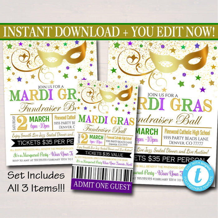 Mardi Gras Masquerade Ball Invitation Set Printable Template