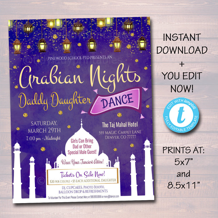 Arabian Nights Theme Dance Flyer, Daddy Daughter Princess Invite