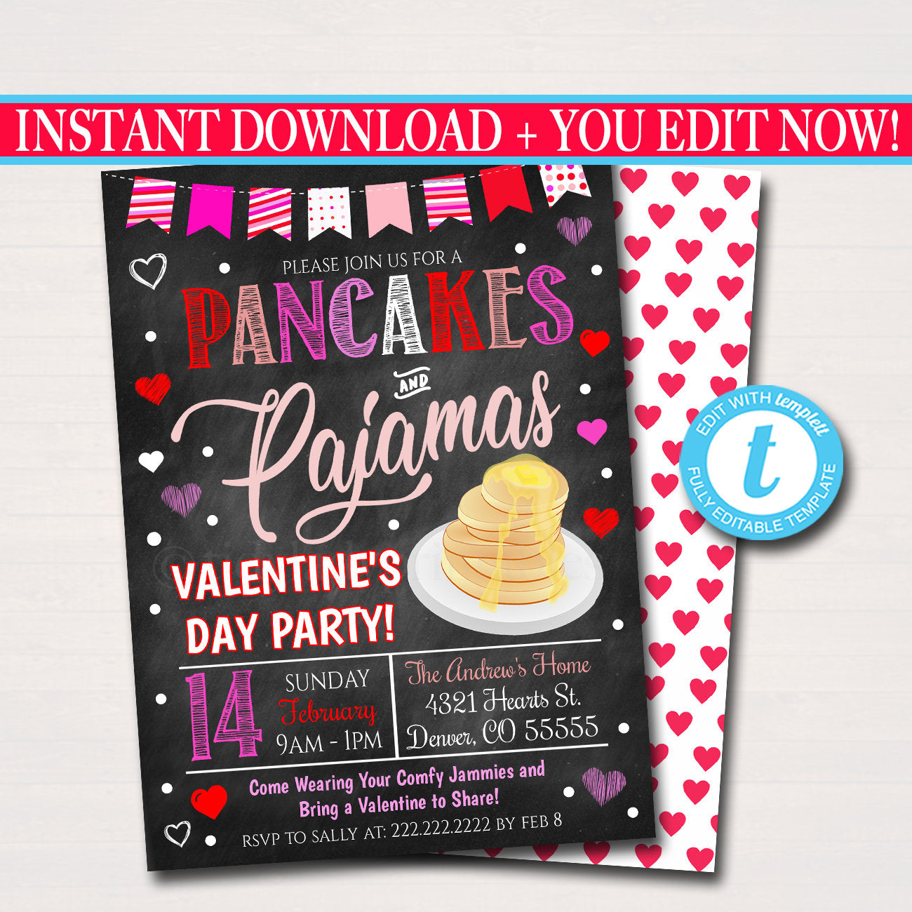 Valentines Day Pancake and Pajamas Party Invite Printable — TidyLady Printables for Free Printable Breakfast Invitation Templates