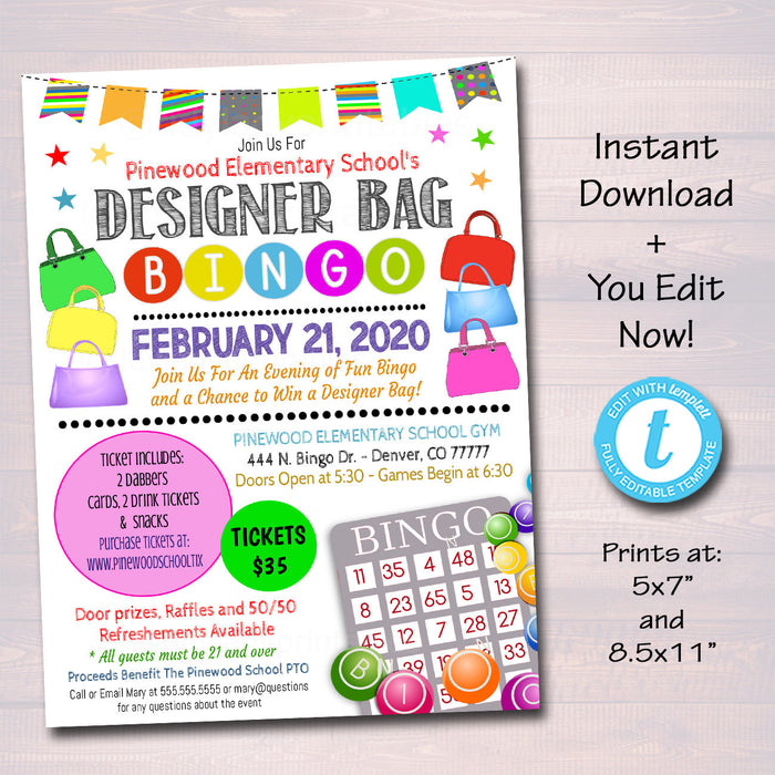 Designer Bag Bingo Night Flyer Printable Template