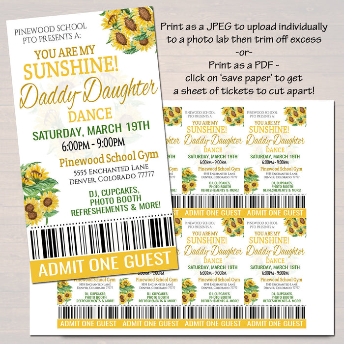 Daddy Daughter Dance, You Are my Sunshine Themed Sunflower Floral School Pto Pta Church Dance Flyer Invite Ticket Set, EDITABLE TEMPLATE