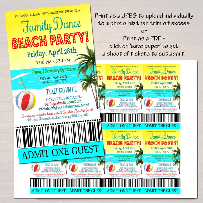 Beach Party School Dance Flyer, Hawaiian Tropical Luau Theme Dance Flyer Invite Ticket