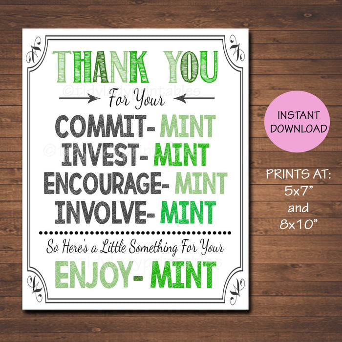 Printable Mint Thank You Decor Sign - Volunteer Staff Teacher Appreciation