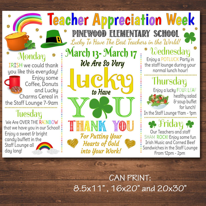 St. Patricks Day Teacher Appreciation Week Itinerary Poster - Lucky Theme