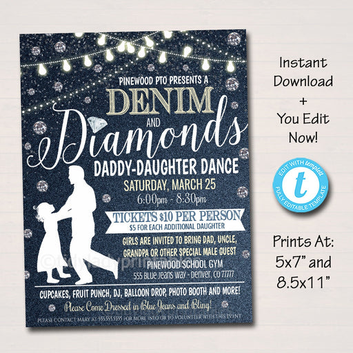 Daddy Daughter Dance, Denim and Diamonds Blue Jeans and Bling Theme, School Pto Pta, Church Fundraiser Flyer Invite Ticket EDITABLE TEMPLATE