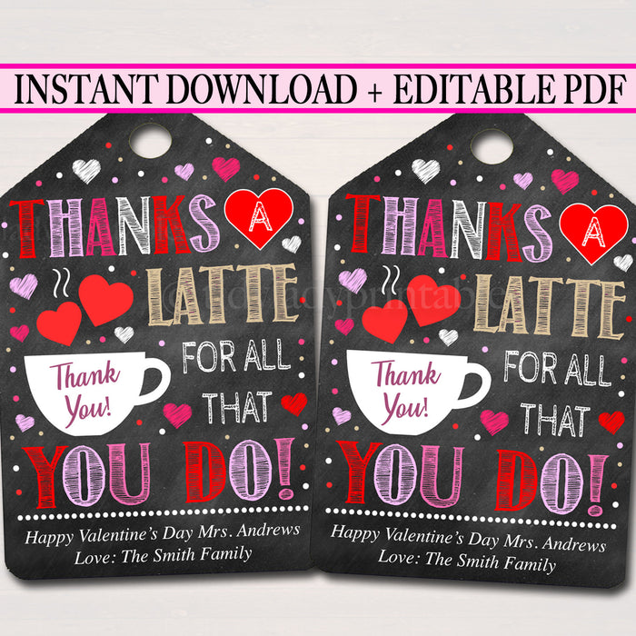 "Thanks a Latte" Valentine's Day Coffee Printable Gift Tags
