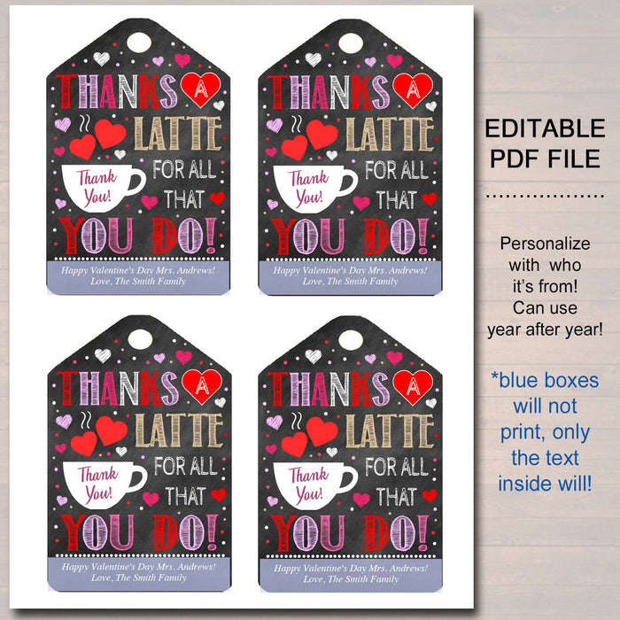 "Thanks a Latte" Valentine's Day Coffee Printable Gift Tags