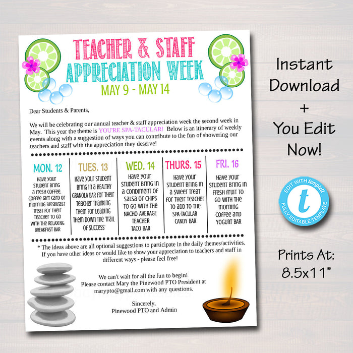 Spa Themed Teacher Appreciation Week Take Home Newsletter - Editable Template