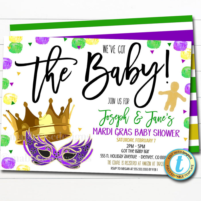 Mardi Gras Baby Shower Invitation, We've Got The Baby, Fat Tuesday King Cake Party Editable Template, New Orleans Sprinkle, DIY Self-Editing