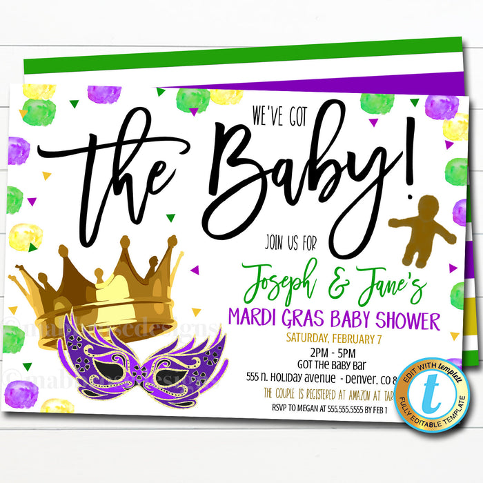 Mardi Gras Baby Shower Invitation, We've Got The Baby, Fat Tuesday King Cake Party Editable Template, New Orleans Sprinkle, DIY Self-Editing