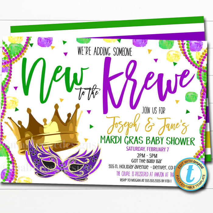 Mardi Gras Baby Shower Invitation, New to the Krewe, Fat Tuesday King Cake Party Editable Template, New Orleans Sprinkle, DIY Self-Editing