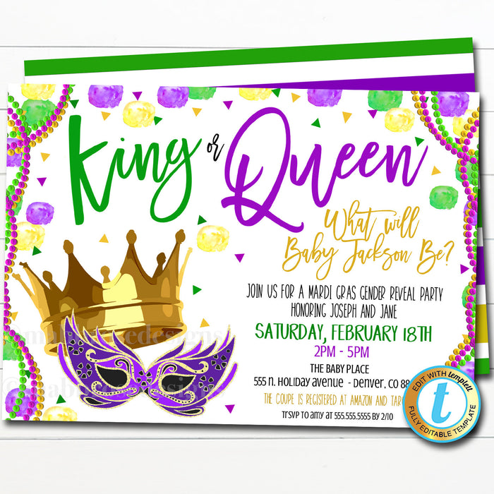 Mardi Gras Gender Reveal Invitation, King or Queen, Fat Tuesday King Cake Party Editable Template, New Orleans Baby Shower, DIY Self-Editing