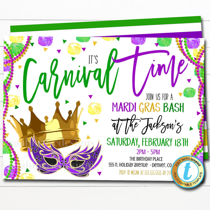 Mardi Gras Carnival Party Invitation, New Orleans Fat Tuesday Celebration Party, Masquerade Ball Beads and Bourbon, DIY Editable Template