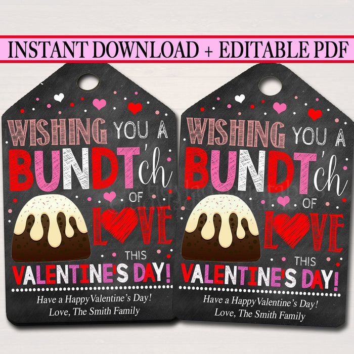 Valentine's Day Bundt Cake Gift Tags, Staff Teacher Volunteer Appreciation, Bakery Gift Tag, Wishing You Bundtch of Love, INSTANT DOWNLOAD