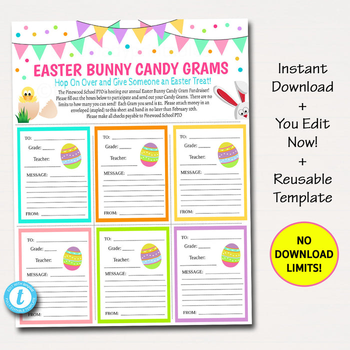Easter Candy Gram Flyer, School Fundraiser Template, Easter Bunny Candy Church Community Event, School Pto Pta, Printable Editable Template