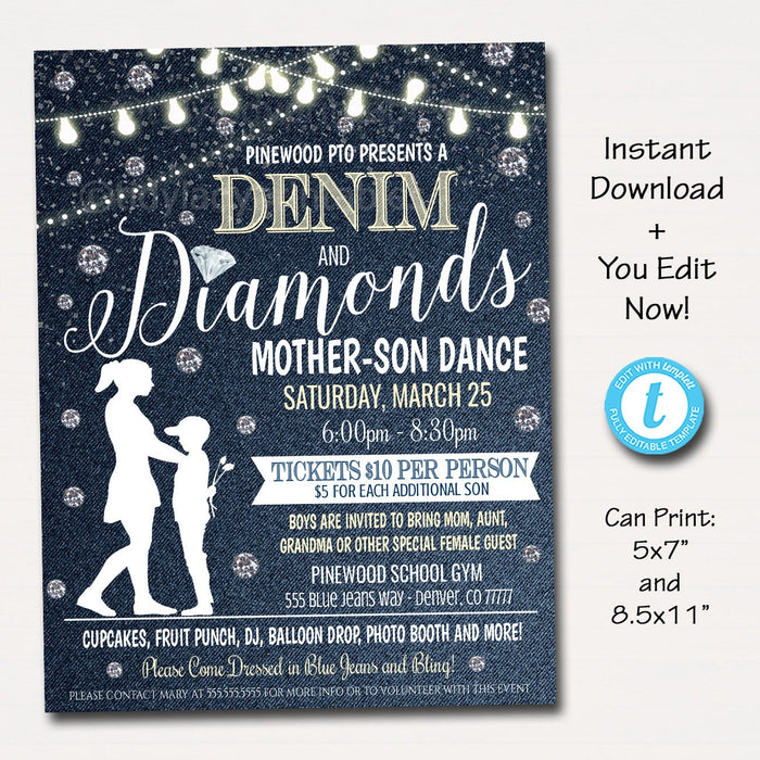 Mother Son Dance, Denim and Diamonds Blue Jeans and Bling Theme, School Pto Pta, Church Fundraiser Flyer Invite Event EDITABLE TEMPLATE