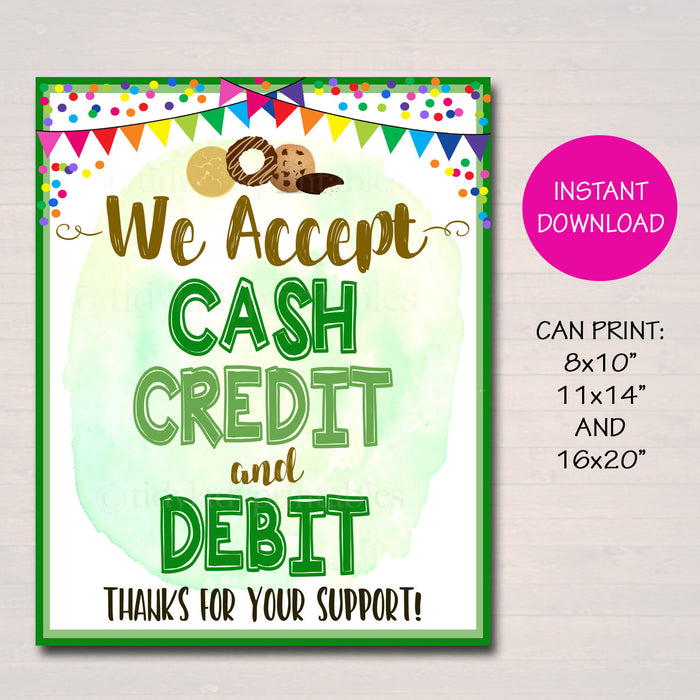 We Accept Payments Sign Cash, Credit Debit, Fundraising Booth, Bake Sale, Cookie Booth Printable Scouts Cookie Banner, Cookie Booth Poster