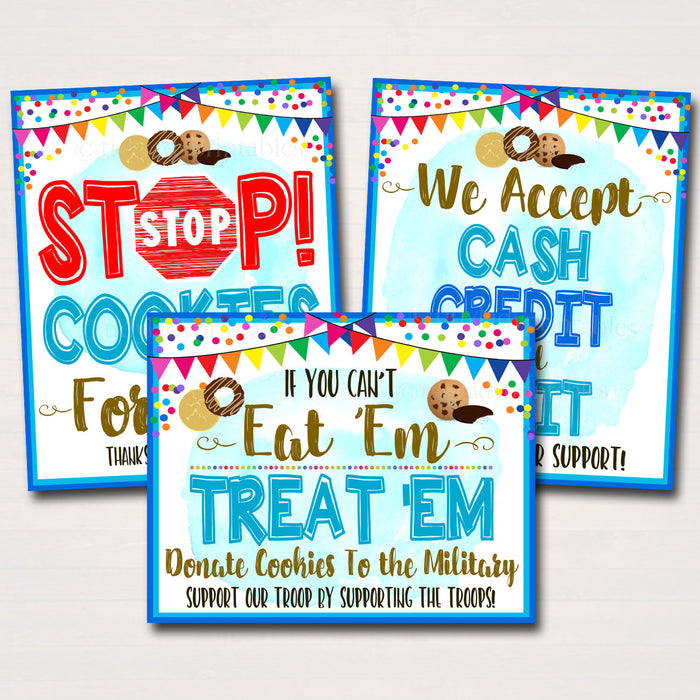 Cookie Booth Sign Set, Donate Cookies to Military Troops Stop Cookies, Accept Cash Credit Card Printable