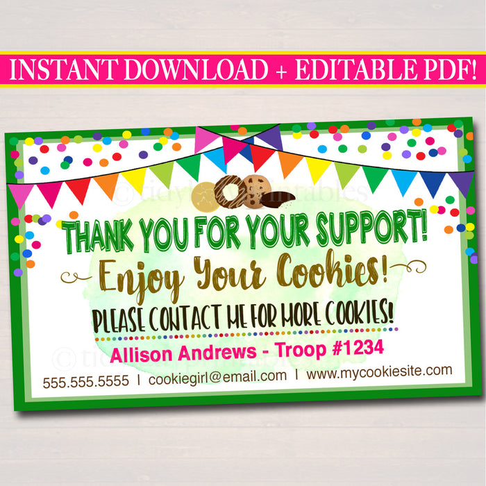 COOKIE Thank You Notes -Thank You Card, Booth Sales INSTANT DOWNLOAD Printable Marketing Tags, Fundraiser Thank You Cards