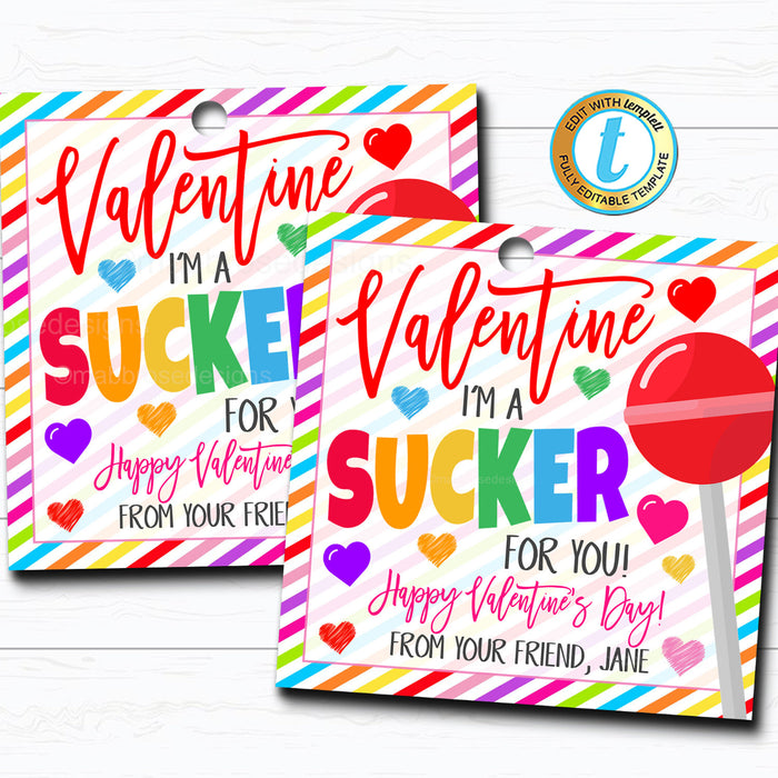 Valentine Sucker Tags "I'm a Sucker for You" Valentine Candy Gift Tag DIY Editable Template