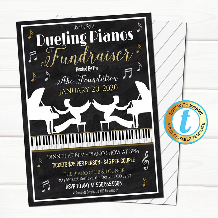 Dueling Pianos Invitation - Adult Piano Party Fundraiser Invite - DIY Self-Editing Download