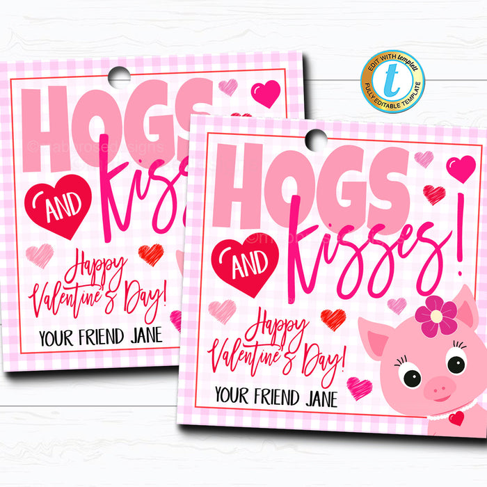 Hogs and Kisses Valentine's Day Gift Tag - DIY Printable Editable Template