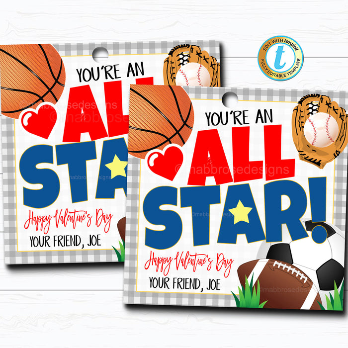 All Star Sports Valentine's Day Gift Tag - DIY Printable Editable Template