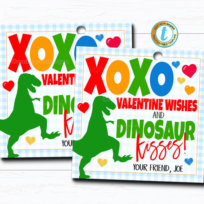 Dinosaur Kisses Valentine's Day Gift Tag - DIY Printable Editable Template