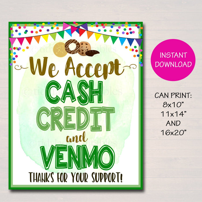 We Accept Payments Sign Cash Credit and Venmo, Fundraising Booth, Bake Sale Cookie Booth Printable Scouts Cookie Banner, Cookie Booth Poster