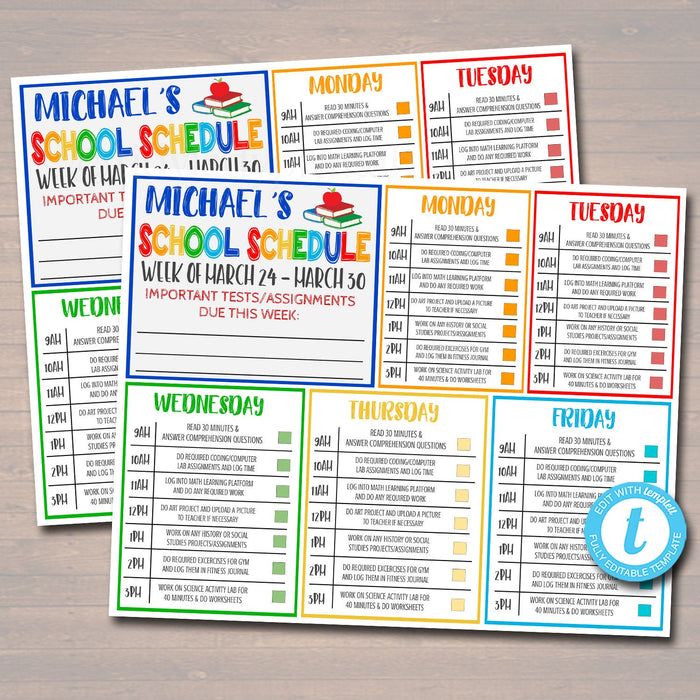 Printable Homeschool  Homework Organizer Kids Student Calendar Planner Printable Editable Template