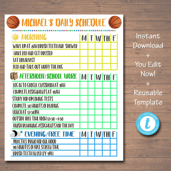 Homeschool Schedule - Daily Weekly Subject Checklist - Editable DIY Template