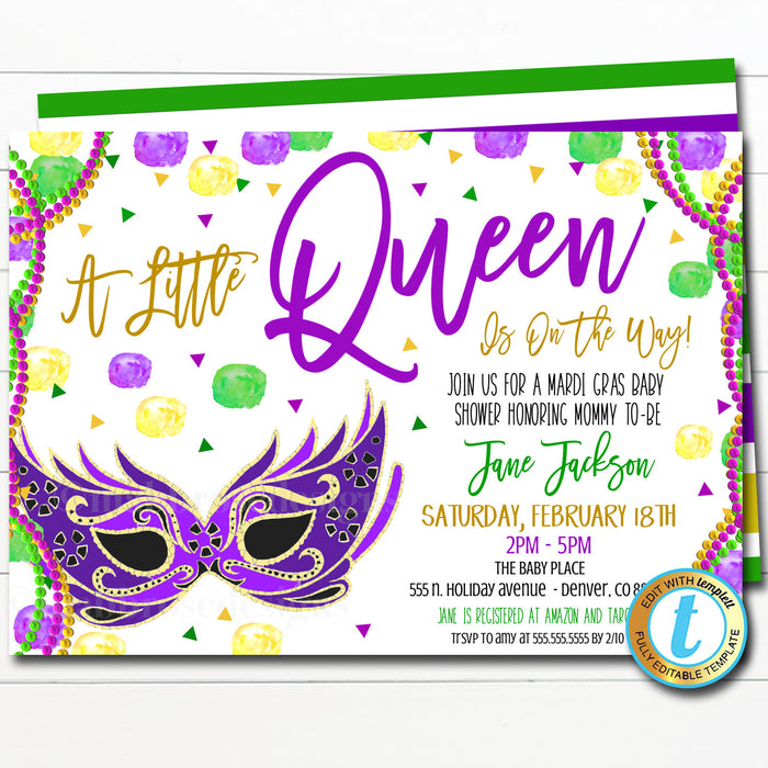 Mardi Gras Girl Baby Shower Invitation, Little Queen on Her Way, Fat Tuesday King Cake Beads Party, New Orleans Sprinkle, EDITABLE TEMPLATE