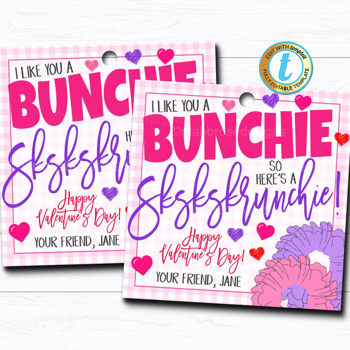Valentine Scrunchie Gift Tags, Hair Tie sksksk VSCO Girl Valentine I like You a Bunchie, Classroom School Friend Card, DIY Editable Template