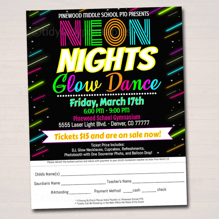 School Glow Dance Take Home Sheet With Detachable Bottom - DIY Editable Template