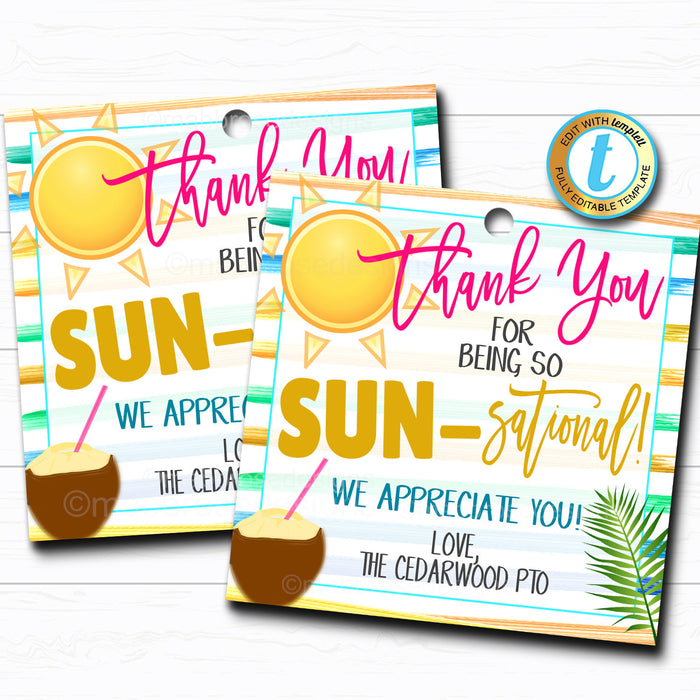 Thank You Tag "Thanks for Being Sun-sational" - DIY Editable Template