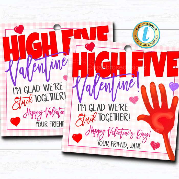 Valentine Gift Tags, High Five Valentine, Sticky Hands Stuck Together, Kids Friend Toy Gift Classroom School Teacher, DIY Editable Template