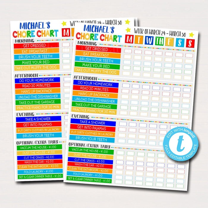 Kids Chore Chart Checklist Daily Weekly Routine Schedule - Editable Template