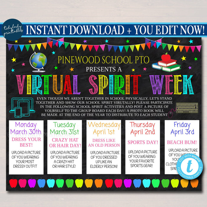 Virtual Spirit Week Itinerary Schedule, Daily Weekly Calendar, Printable Editable Template