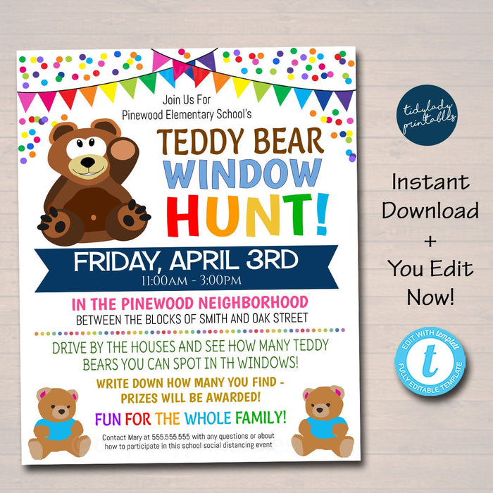 Teddy Bear Window Hunt Flyer - HomeSchool Social Connection Event Idea - Editable Template