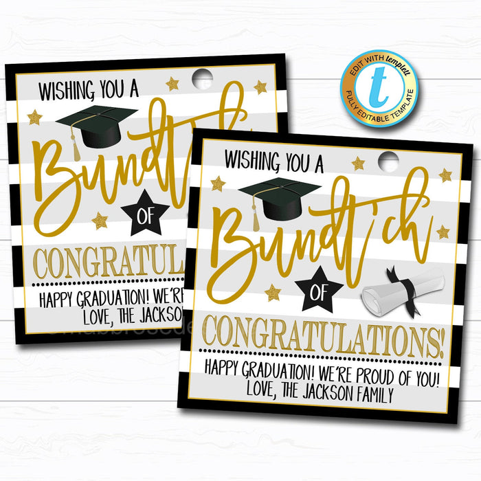 Graduation Bundt Cake Gift Tag  "Wishing You a Bundt'ch of Congrats" - DIY Editable Template