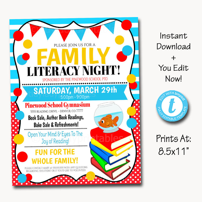 Family Literacy Night Flyer - Children's Reading Book Sale Event Poster - Editable Template