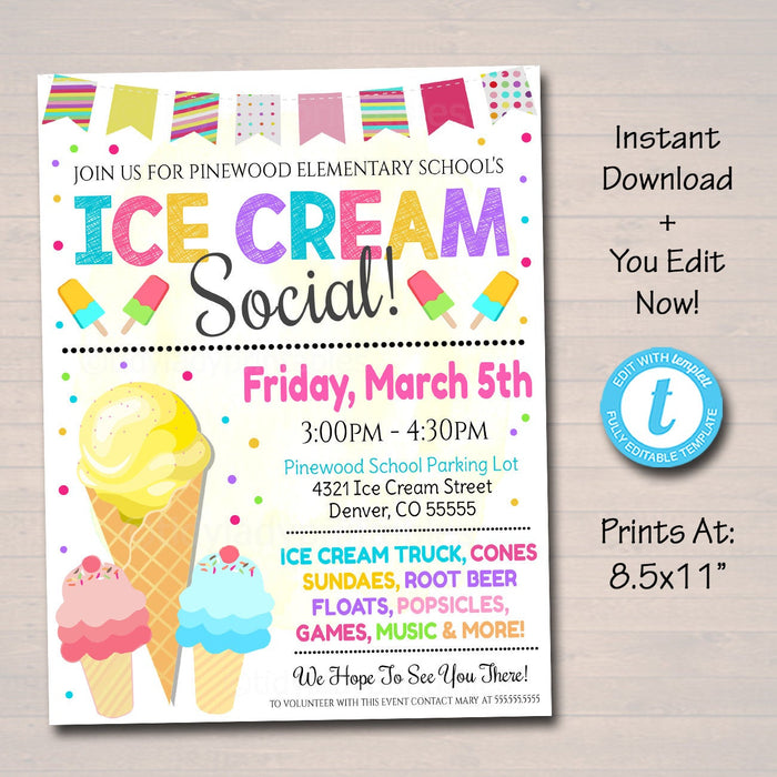 Ice Cream Social Flyer - Editable Template