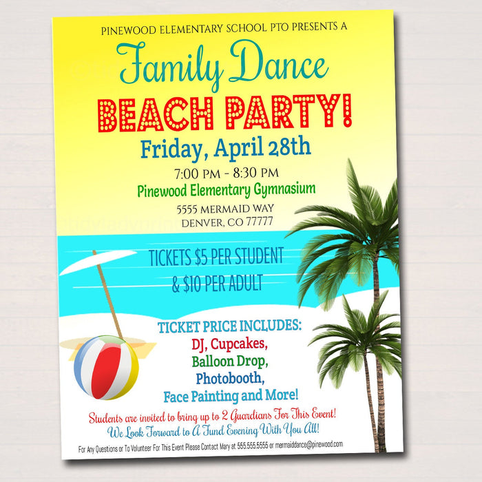 Beach Party School Dance Flyer, Hawaiian Tropical Luau Theme