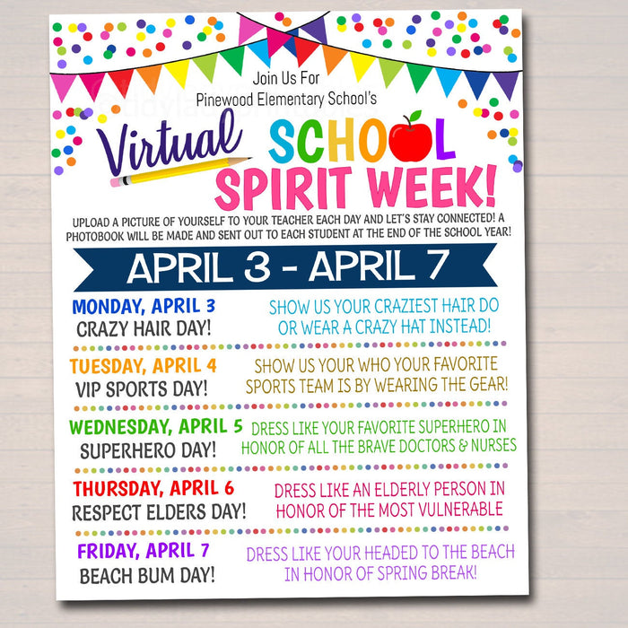 Virtual School Spirit Week Itinerary Schedule - Online Homeschool Planner Printable, Editable Template
