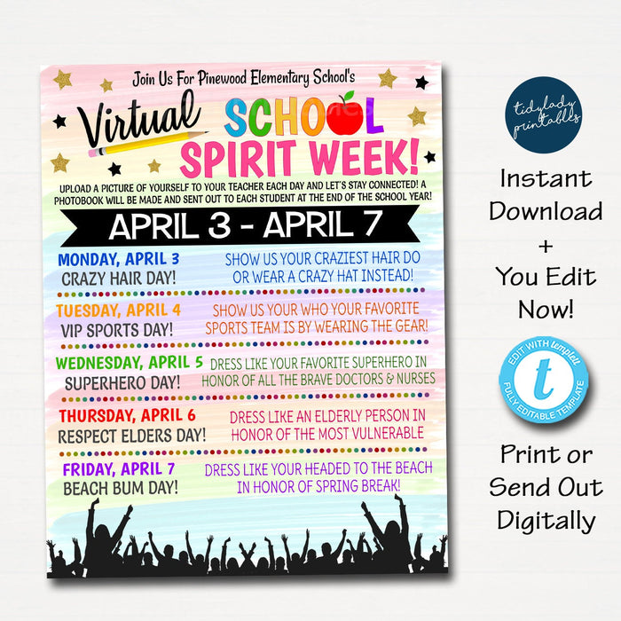 Virtual Spirit Week Itinerary Schedule - Kids Fun Schedule Planner Printable Editable Template