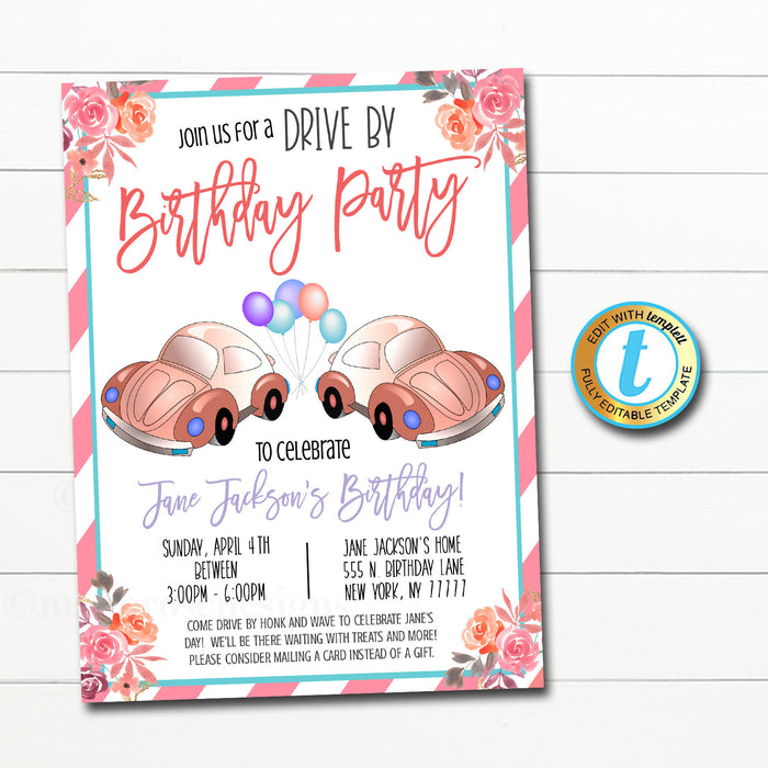 Drive By Birthday Parade Invitation - Digital Kids Girl Party Invite, INSTANT DOWNLOAD Editable Template