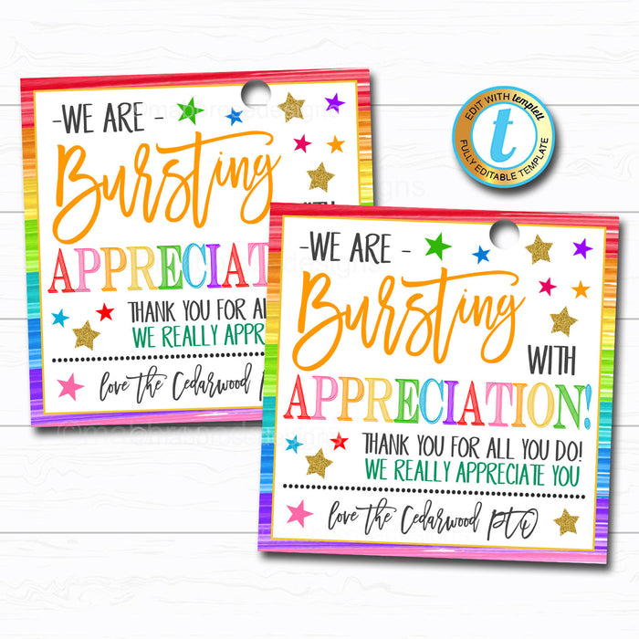Appreciation Gift Tags - Bursting with Appreciation Candy Star Card - Teacher Employee Nurse Staff, Thank you School pto DIY Editable Template