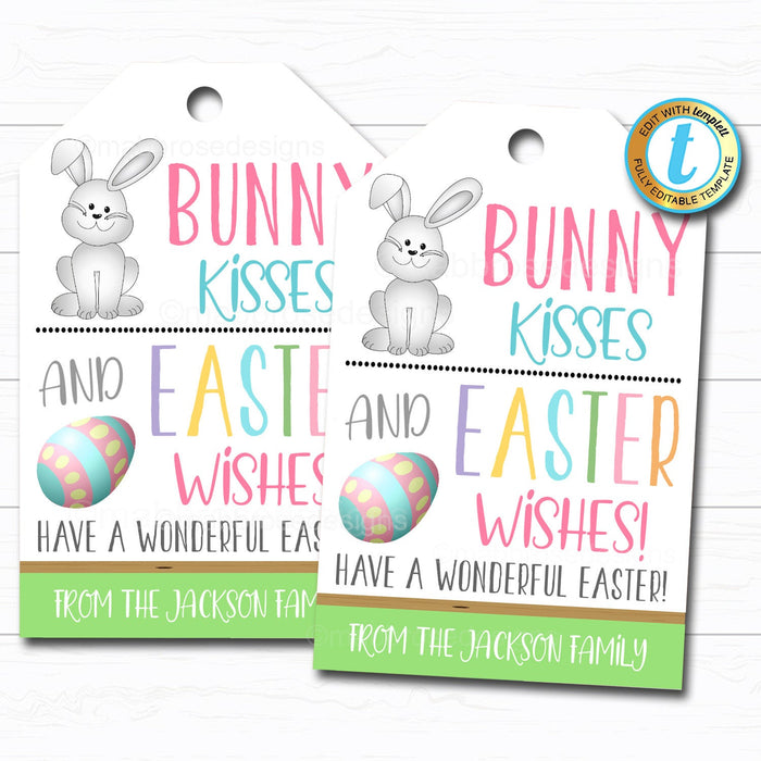 Easter Bunny Kisses Easter Wishes, Printable Gift Tags, Teacher Kids Easter Basket Party Favor Tags, DIY Instant Download Editable Template