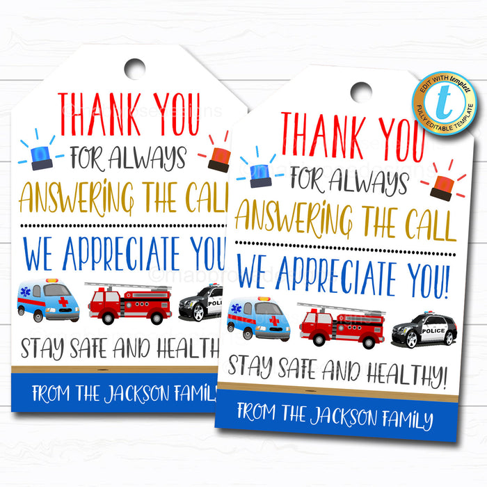 First Responders Appreciation Gift Tag - Thank You Gift Frontline Essential Workers, Police EMT Public Service Worker, DIY Editable Template