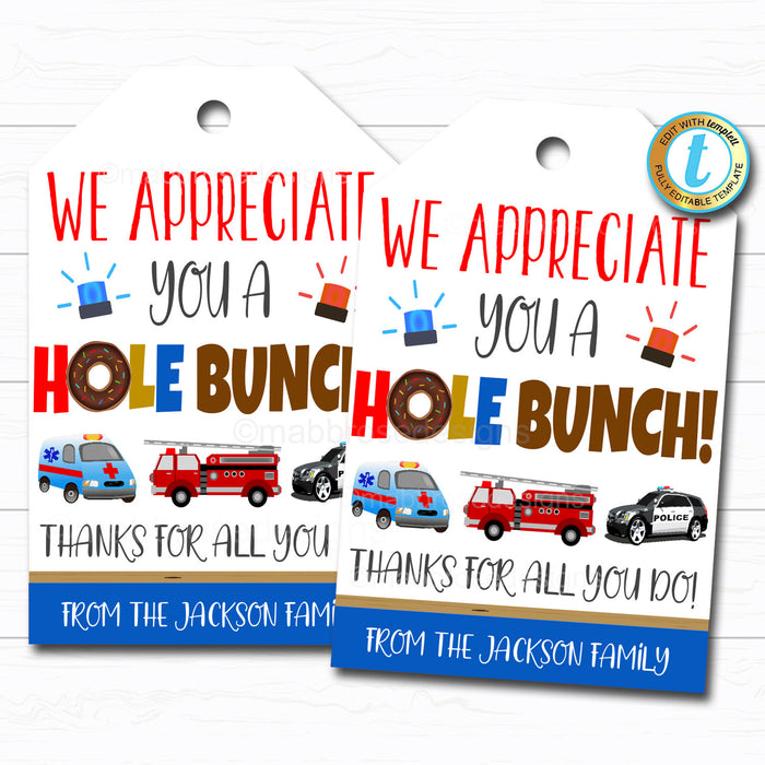 First Responders Appreciation Gift Tag - Donut Thank You Gift Frontline Essential Workers, Police EMT Public Service, DIY Editable Template